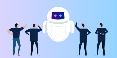 Businessman gesturing towards a central AI chatbot suggesting a discussion or interaction with artificial intelligence technology for decision making