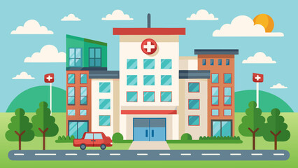 Modern hospital building exterior with medical cross flags and a car