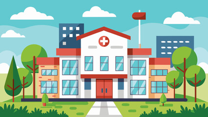Modern flat design illustration of a hospital building with trees and clouds