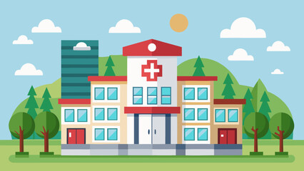 Modern flat design hospital building with trees and clouds in the background
