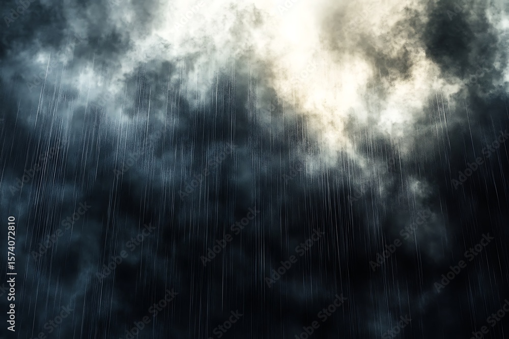 Poster rain streaks falling beneath brooding clouds in digital style.