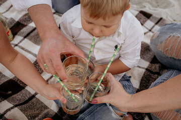 little boy clinking glasses at picnic