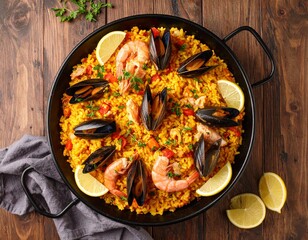 Top View of Spanish Paella with Seafood, Rice, Lemon Wedges, and Saffron in Rustic Pan
