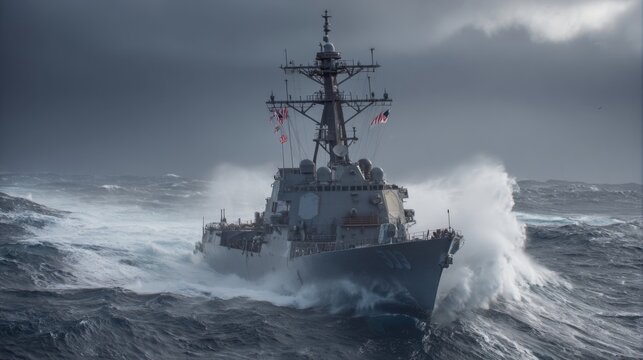 A large naval ship patrolling the ocean waters, with flags flying in the wind and waves crashing against the hull, symbolizing maritime defense.