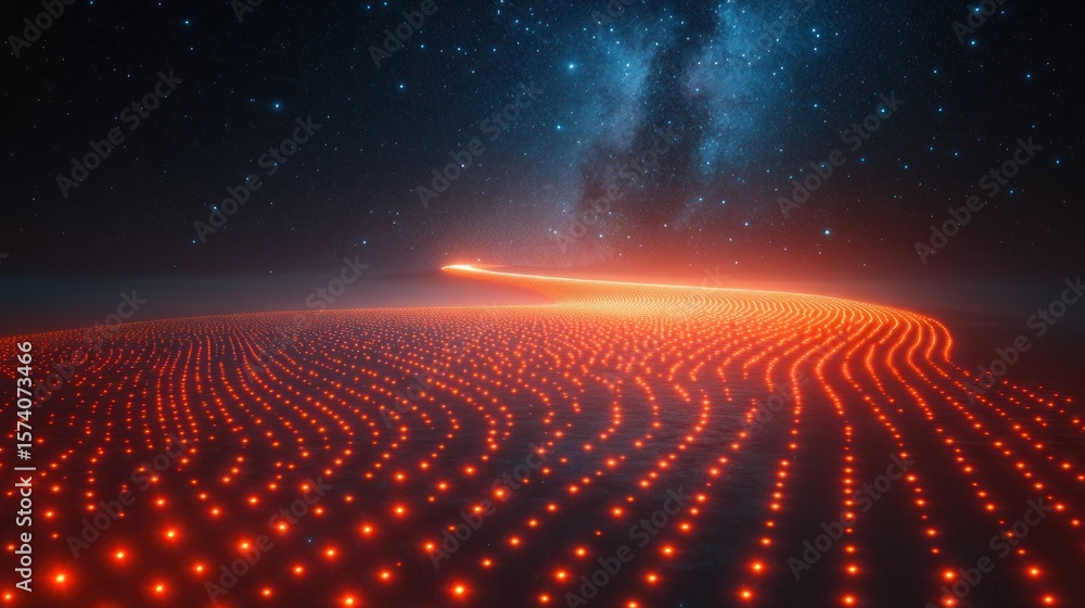 Poster mystical galaxy background with field of glowing red cosmic data points