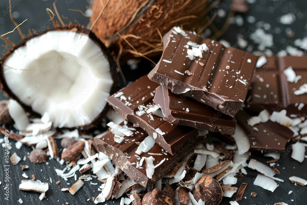 Poster delicious broken dark chocolate bars are laying on a dark background with grated coconut and cocoa b