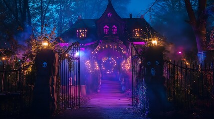 A spooky haunted house illuminated by colorful lights at night, surrounded by eerie fog and trees.