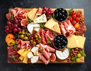 Top View of Rustic Italian Antipasto Board with Cured Meats, Cheeses, and Vegetables