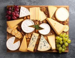 Top-Down View of Cheese Board with Various Cheeses, Grapes, Nuts, and Crackers