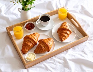Top View of Continental Breakfast with Croissants, Jam, Butter, Coffee, and Juice on Tray