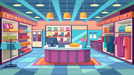 Fototapeta premium Bright and colorful cartoon illustration of a modern retail clothing store interior