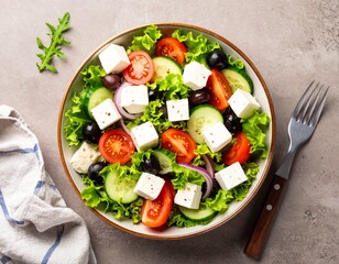 Overhead Shot of Greek Salad with Feta Cheese, Olives, Cucumber, and Tomato, Top-Down View