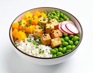 Vegan Poke Bowl with Tofu, Edamame, Rice, Radishes, and Mango on Clean White Background