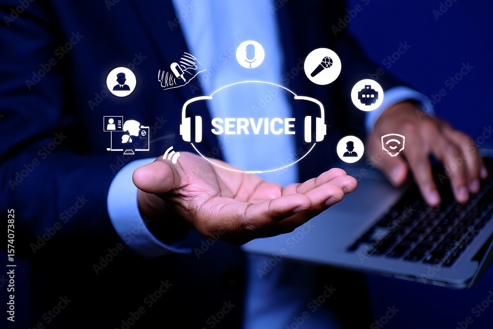 Poster man holding a laptop and a glowing circle with icons representing customer service communication and