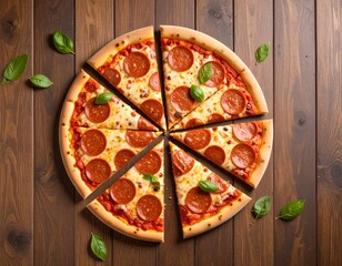 Overhead View of Pepperoni Pizza Cut into Slices on Wood Background with Melted Cheese
