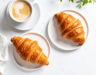 Minimalist Top-Down Composition of French Croissant and Café au Lait on White Table