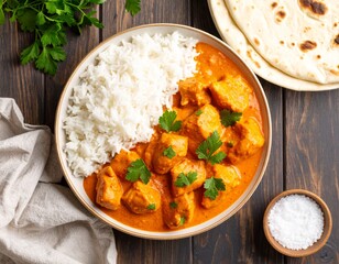 Overhead Shot of Indian Butter Chicken with Basmati Rice and Naan Bread on the Side