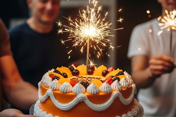 Group of friends waving sparklers and having fun during a birthday party celebration 