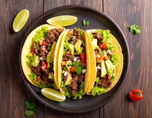 Top View of Mexican Tacos Trio with Beef, Lettuce, Salsa, and Guacamole on Rustic Plate