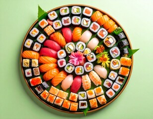 Traditional Japanese Sushi Platter Viewed from Above with Colorful Maki and Nigiri