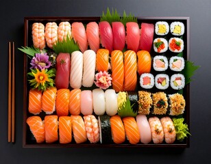 Traditional Japanese Sushi Platter Viewed from Above with Colorful Maki and Nigiri