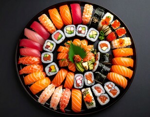 Traditional Japanese Sushi Platter Viewed from Above with Colorful Maki and Nigiri