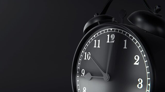 Clock alarm 9am. Old mechanical alarm clock on the black background. wake up at 9 am. Alpha and green matte. 3d render animation