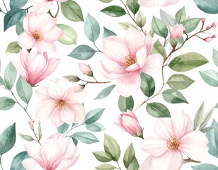 Seamless Spring Floral Texture with Soft Pink and Green Watercolor Flowers