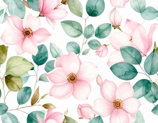 Seamless Spring Floral Texture with Soft Pink and Green Watercolor Flowers