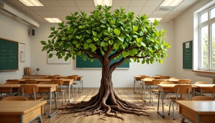 Fototapeta premium tree in a classroom setting, roots merging with desks and chairs