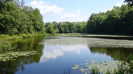Obraz premium Serene lake view with lush green foliage reflecting a partly cloudy sky. Water lilies dot the surface