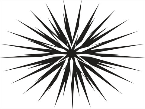 This bold and dynamic abstract illustration showcases a black radial burst composed of sharp, elongated triangular spikes emanating from a central point. The symmetrical composition and varying spike 