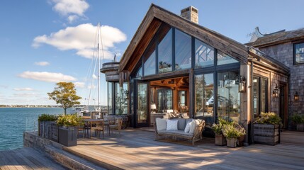 Obraz premium A luxurious nautical-style home with large glass windows, a wooden deck, and stunning oceanfront views