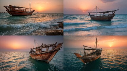 Four views show an old, wooden boat at sunset in a sea, two newer and two dilapidated