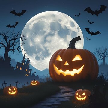 夜のハロウィンの正方形背景　大きい満月とかぼちゃのイラスト