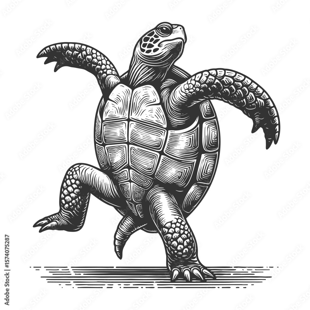 Poster turtle dancing sketch engraving generative ai vector illustration. scratch board imitation. black an