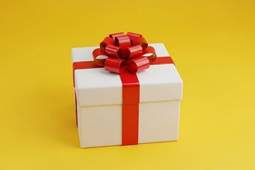 White Gift Box with Red Ribbon on Yellow Background — Greeting Card and Celebration Concept