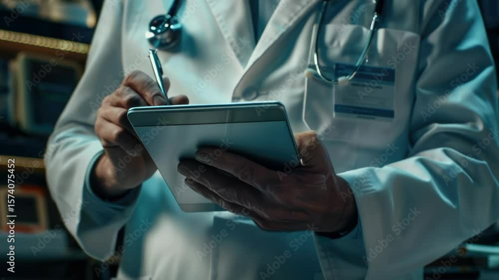 Poster a scientist holds a tablet computer, perfect for researching and collecting data
