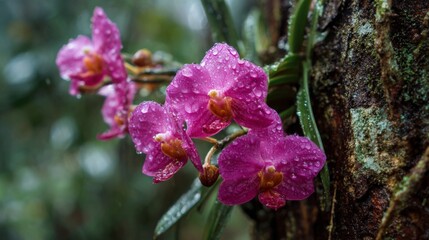Fototapeta premium A macro shot of bright pink orchids attached to tree bark, with water droplets on the petals.