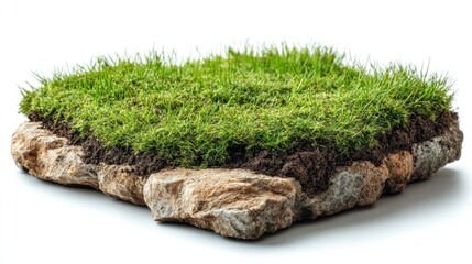 Close up shot of a small rock with grass on top against white background