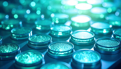 Vibrant Circular Containers Emitting Various Colors with Blue Light in Dark Space