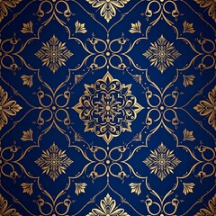 Seamless Ornamental Arabesque Pattern in Gold on Dark Blue Background, Luxury Style