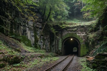 Narrow gauge railway disappearing into a dark tunnel crossing a mountain in a misty forest with lush vegetation