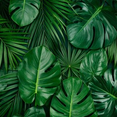 Seamless Leaf Pattern with Flat Lay of Tropical Leaves in Rich Green Tones