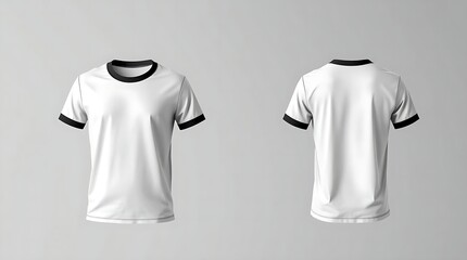 Short sleeve white t-shirt with black accents mockup shown in front, side, and back views, high-quality 3D rendering for fashion branding, t-shirt design, or clothing presentation