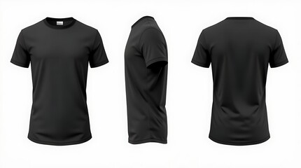 Short sleeve white t-shirt with black accents mockup shown in front, side, and back views, high-quality 3D rendering for fashion branding, t-shirt design, or clothing presentation