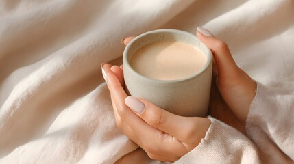 Warm hands holding a ceramic mug of coffee or cocoa on a soft blanket background, cozy morning or winter relaxation concept, close-up view