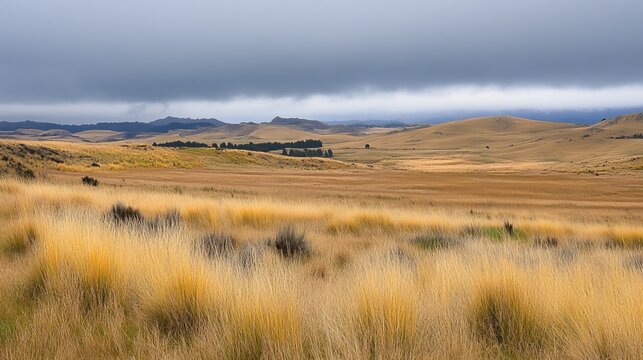 Expansive golden grassland under a brooding sky, hills and distant trees visible on the horizon