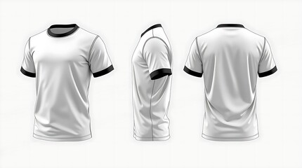 Short sleeve white t-shirt with black accents mockup shown in front, side, and back views, high-quality 3D rendering for fashion branding, t-shirt design, or clothing presentation