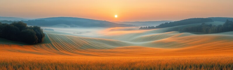 Fototapeta premium View of a field with a sunset in the background banner copy space